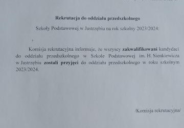 Wyniki rekrutacji do oddziału przedszkolnego