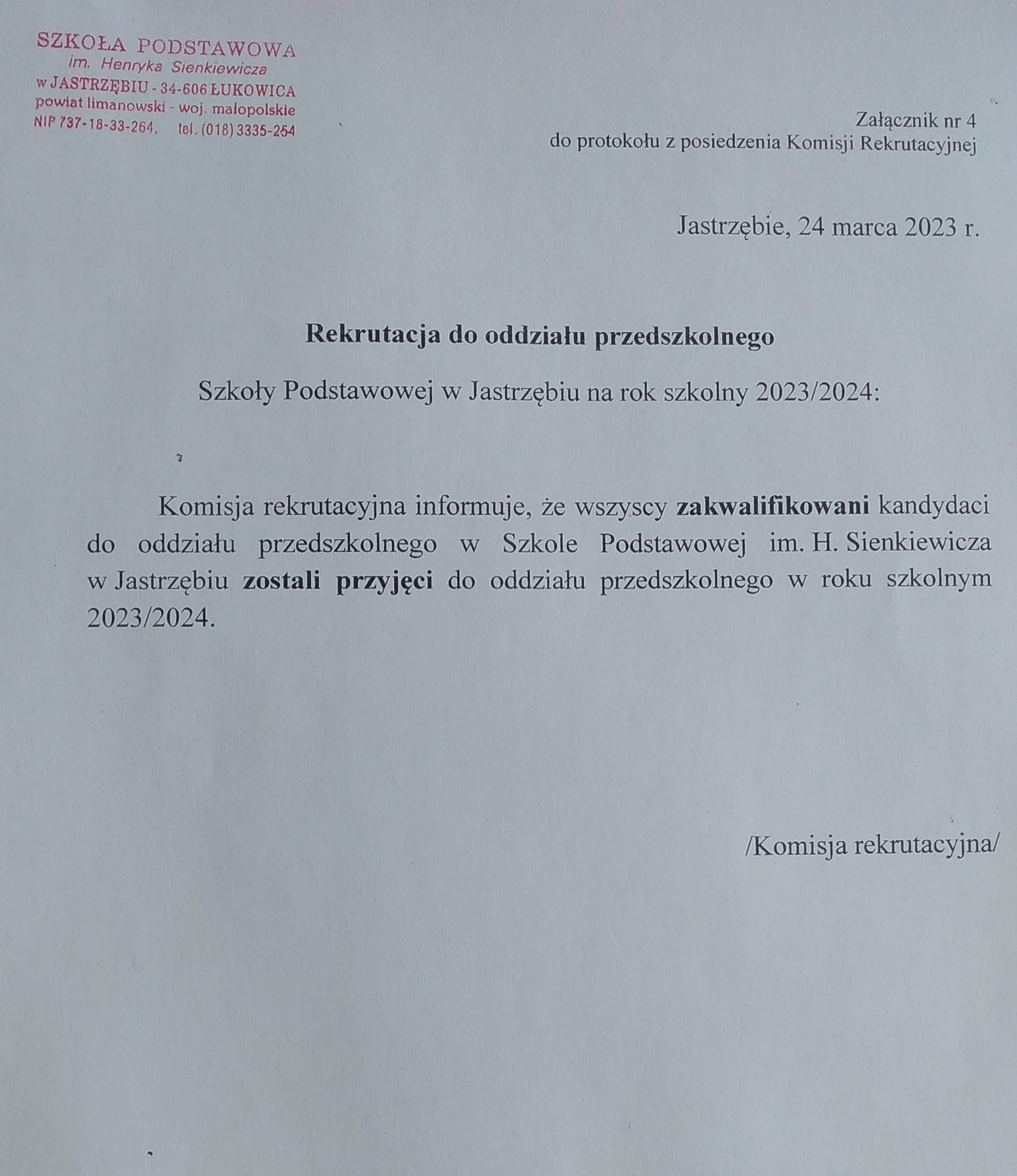 Wyniki rekrutacji do oddziału przedszkolnego